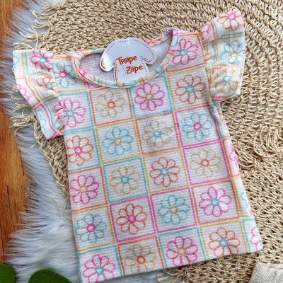  Conj. Blusa Florzinhas e Short Saia em Linho - Areia